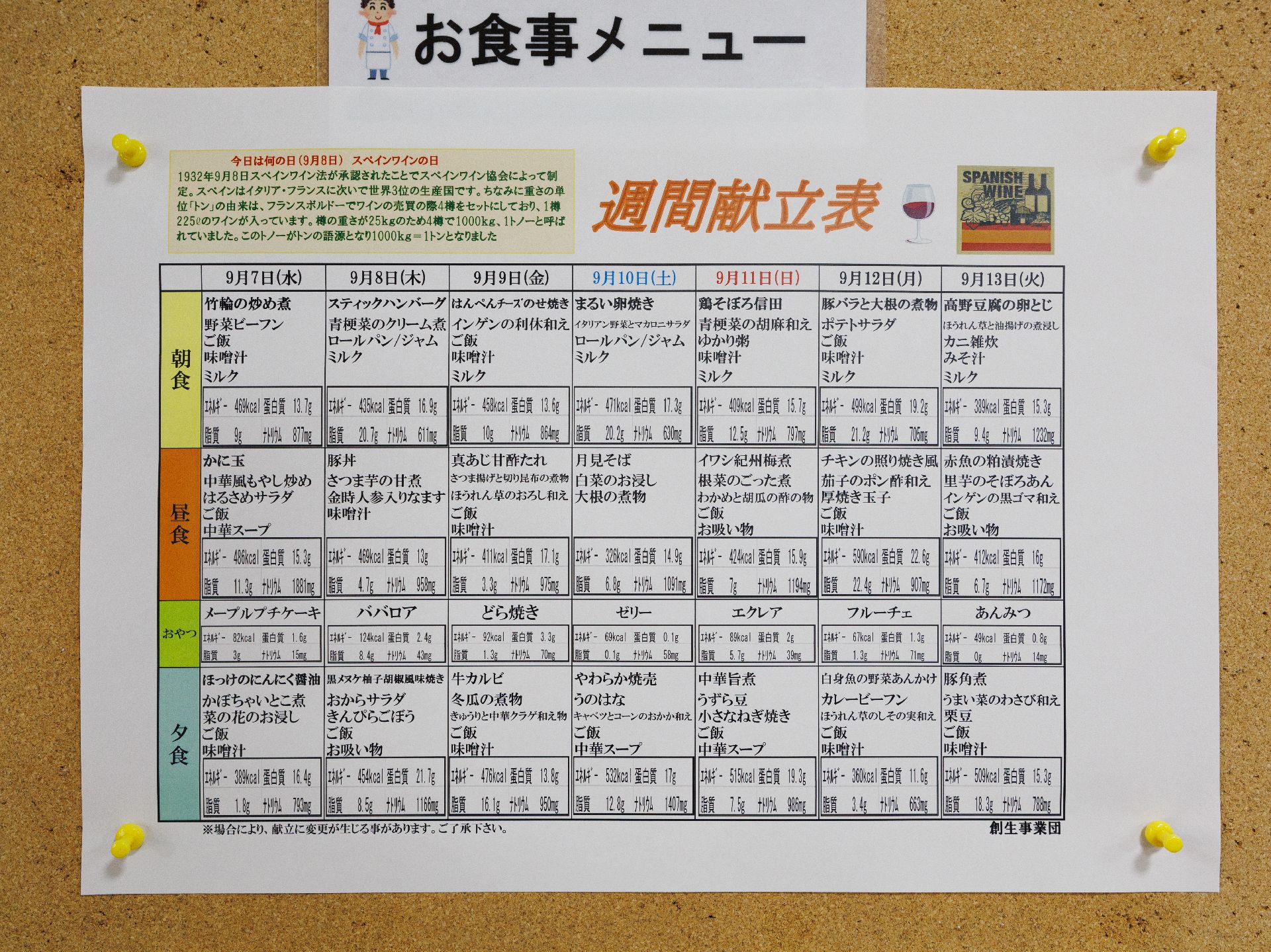 その施設の献立が記載されている展示物