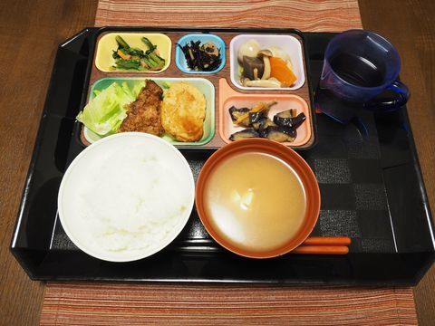 複数のおかずが乗せられたプレートや、白米や味噌汁が配膳されたトレー