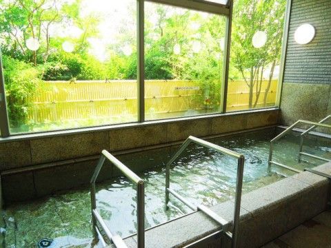 石造りの大きな浴櫃へは、手すりに掴まりながら入れる。大きな窓からは竹垣の前に植えられた美しい植栽が見える。