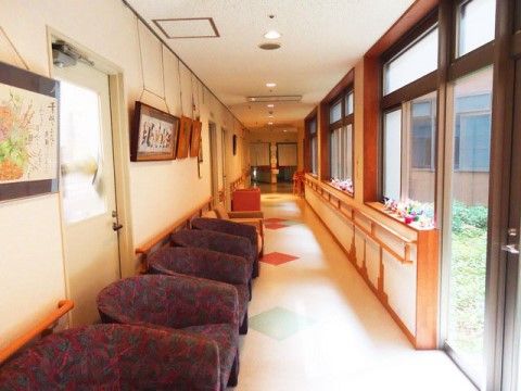 大きな窓に面して、１人掛けの椅子が並んでいる。窓とソファの間には通路が確保されていて、手すりに掴まって眺めが楽しめる。