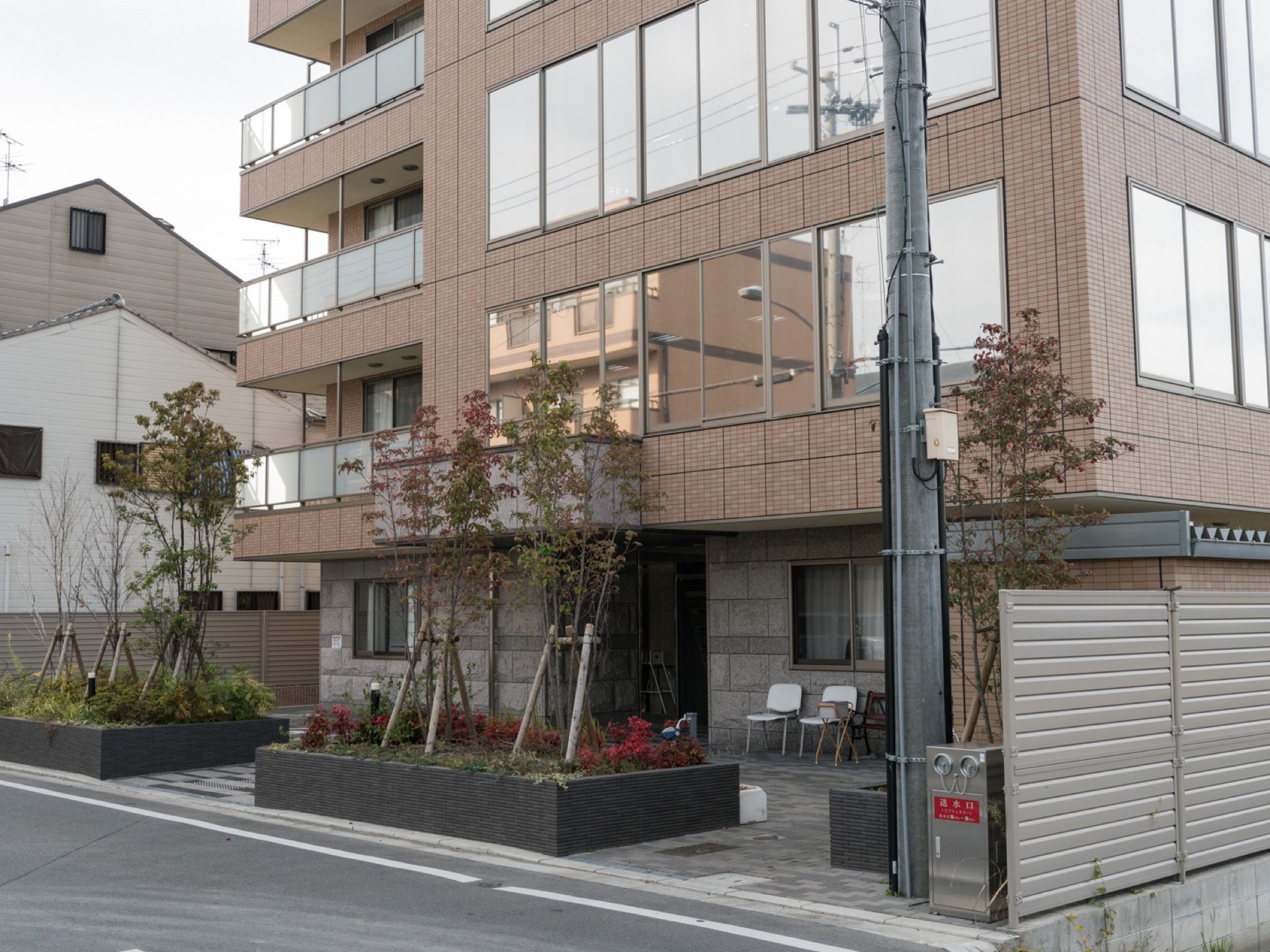 長方形の植込みには、背の高い木と紅葉したような鮮やかな色の植物がある。右端には電柱があり、すぐ横にフェンスがある。