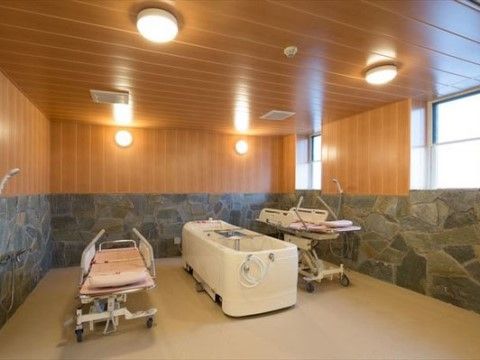 壁には岩のような質感の素材を貼っている浴室には、ストレッチャー型の器具と介護用の浴槽とが置いてある。