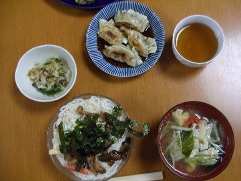 餃子と冷や麦のご飯。お茶が添えられている。