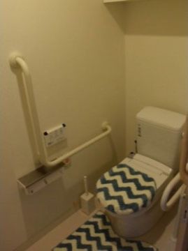 居室内のトイレは白で統一されて清潔感がある。トイレカバーとマットが完備されている。便器の両側には手すりがある。