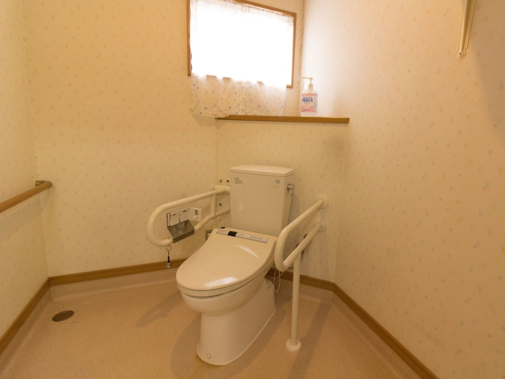 室内には斜めに便器が設けられていて、両側に手すりが設置されている。小窓にカーテンが掛けられ、便器の背面に消毒ポン部が置いてある。