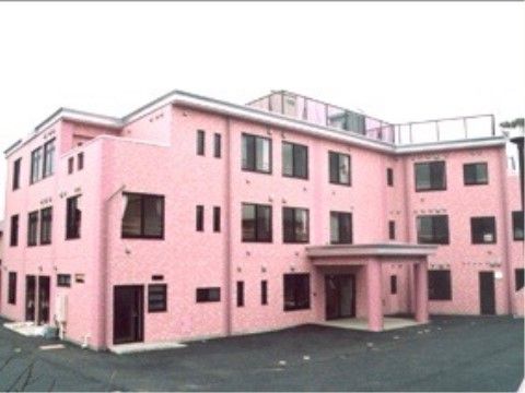 3階建ての建物で外観がピンク色なので、周囲からも目印にしやすく、来訪者様にもわかりやすい。建物の前は広いスペースがある。