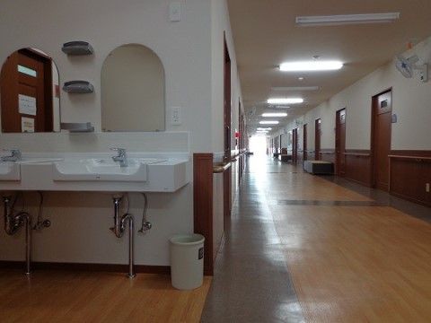 左手前に洗面スペースがある、両側にドアが並ぶ奥まで伸びる廊下