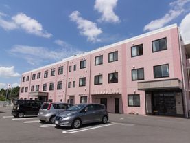 ピンク色の３階建の建物である。駐車場から玄関に到るまで段差はなく、緩やかなスロープになっている。出入り口が２箇所についている。