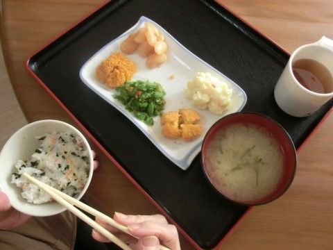 白い角皿におかずが並び、わかめごはんに味噌汁の付いた食事例