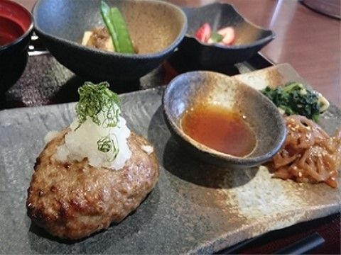 大根おろしの乗ったハンバーグに小鉢や漬物が添えられた食事例