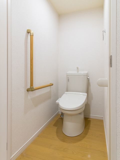 洋式トイレが設置されていて、温水洗浄便座になっている。白い壁とフローリングの床で清潔感がある空間である。