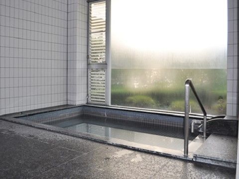 黒い大理石調の床から階段を使って入る大きな浴槽に湯が張られている。湯気で曇ったガラスの向こう側に外の景色が見える。