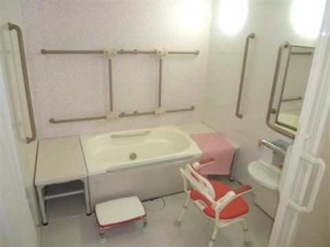 座った姿勢のまま入ることができる浴槽、鏡付きのシャワー台、シャワーチェアが完備されている。壁面には多くの手すりが付いている。