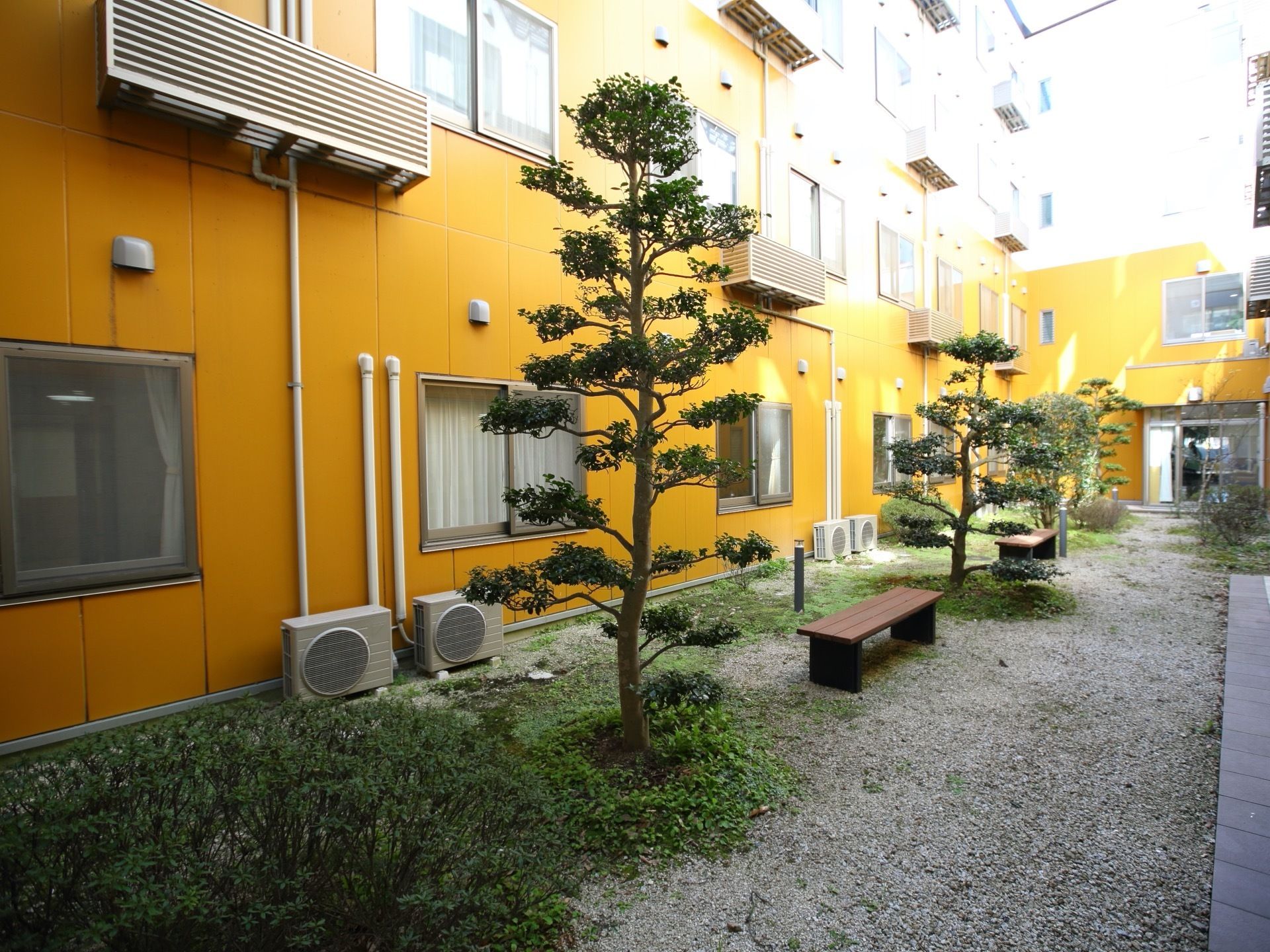 濃い黄色の建物である。建物の壁沿いに室外機が置かれている。建物の側は砂利になっていて、観葉植物が植えられている。