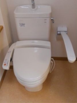 ウォシュレット付きのトイレにはてすりがついている。足元に不安がある方も安心で、万が一の転倒などを防止する。