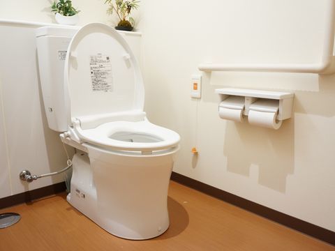 トイレは白で統一された作りで清潔感がある。手前に手すり、ペーパーは2つ、非常用のボタンも付けられている。