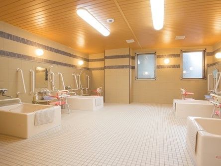 タイル張りの床の浴室の両側にバスタブが並んで設置されている。壁際にシャワーと水栓がついており垂直に手すりもついている。