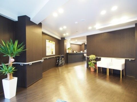 手すりを設けた、黒い壁紙のホテルの様に高級感のある廊下