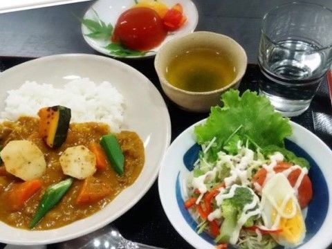野菜がたっぷりと乗せられたカレーとドレッシングがかけられたサラダ