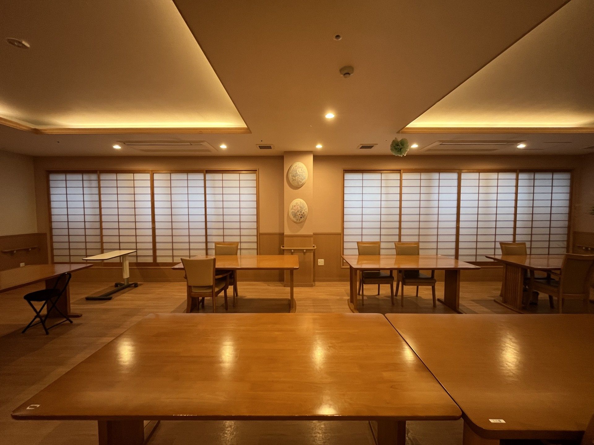 車椅子に座っている眼鏡をかけた高齢女性と後ろで介助をする女性ヘルパー