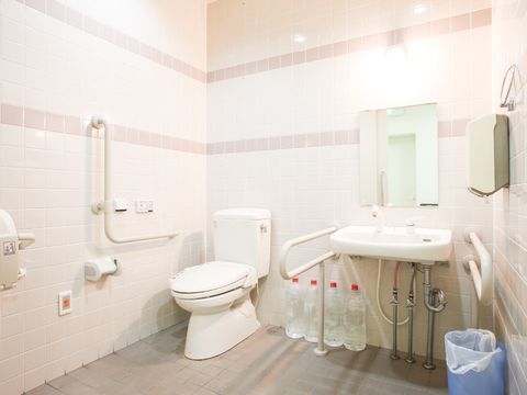 トイレはとても広く、手すりが所々に設置され、安全に利用できる。洗面台がトイレの中に設置されているので便利。
