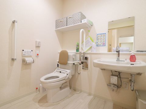 トイレと洗面台が一緒になっている。手すり、背もたれ、ナースコールがあり、広いので車椅子のまま入れる。