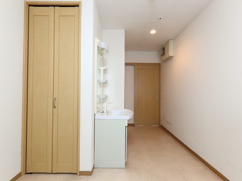 スライド式のドアを通ると廊下があり、右手に収納や鏡のついた洗面台がある。居室内にはクローゼットも取り付けられている。
