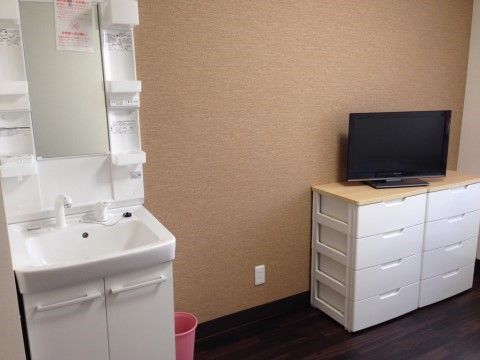 収納付きの洗面台や白い収納ケース、テレビの置いてある居室