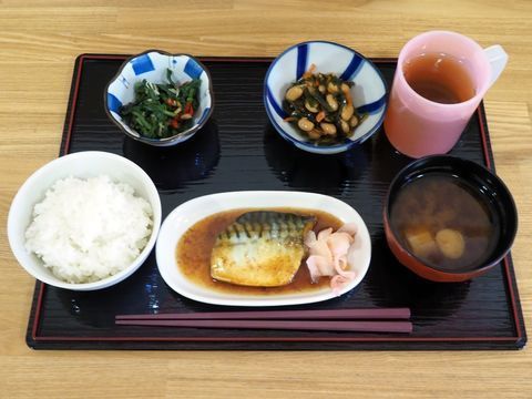 魚の煮付けをメインにした和食の料理。ご飯とお味噌汁が付いている。