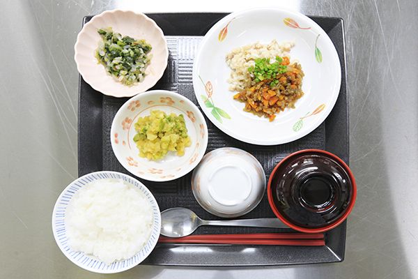 ご飯とポテトサラダと細かく刻んだおかず