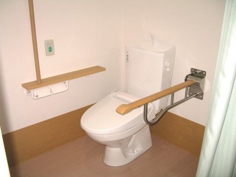 床面が木目調の柔らかな雰囲気があり、便器の両脇に手すりが付いている。非常用の連絡ボタンも設置されている。