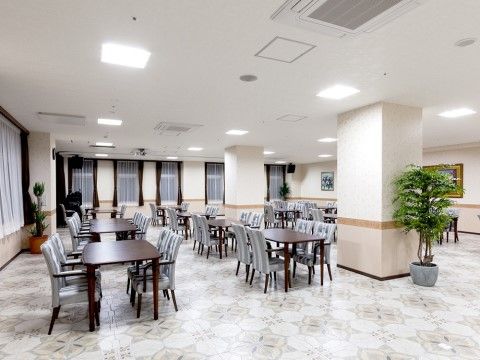 癒し効果のある観葉植物が配置されている、窓の多い食堂