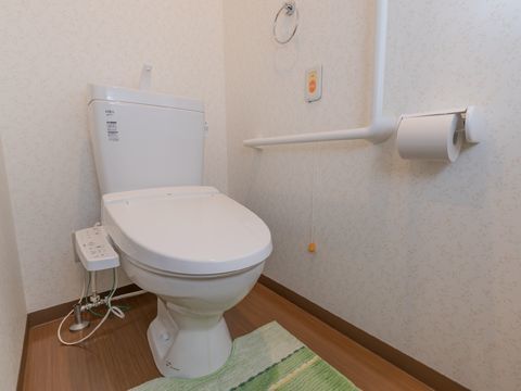 転んでしまった場合にも、ひもを引っ張ることでスタッフを呼び出せるトイレ