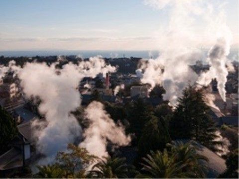 温泉地の風景である。建物と木々の間から湯けむりが上がっているのが見える。湯けむりは真っ白で厚みがあり、その数はとても多い。