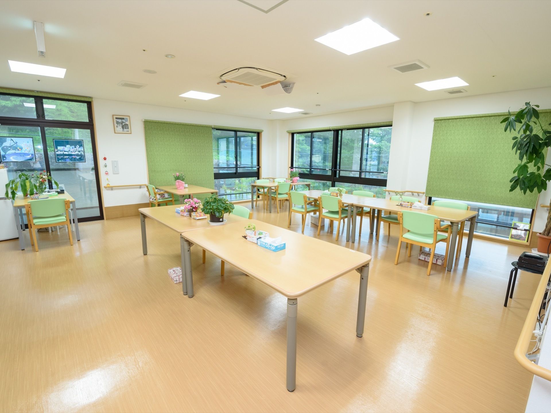 窓に緑色のロールカーテンが取り付けられている。木目調のフローリングの床となっており、天井には複数の照明が設置されている。