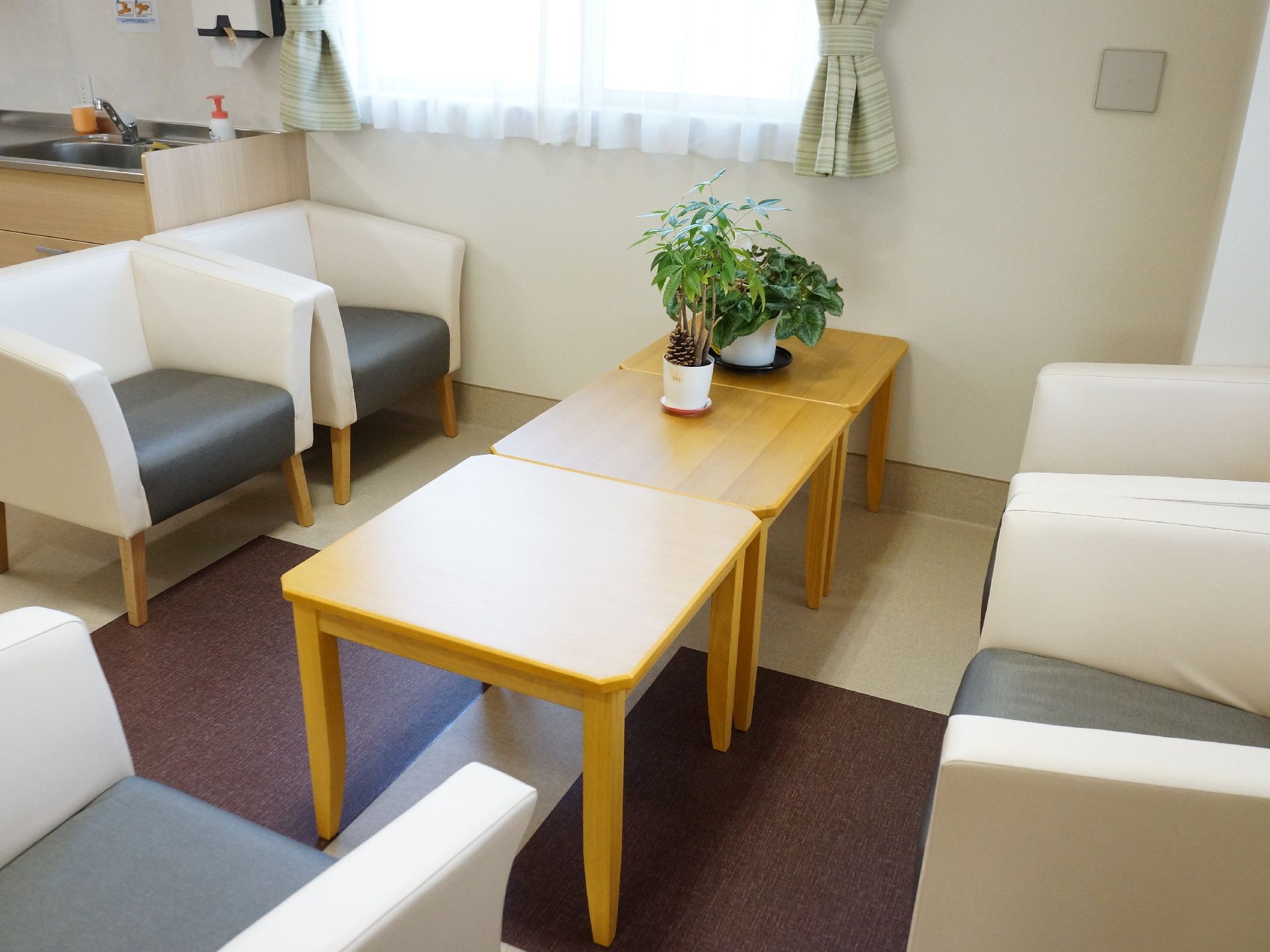 1人掛けソファがある共有スペース。テーブルを挟んで向き合うように置いてあるため、入居者同士コミュニケーションが取りやすい。