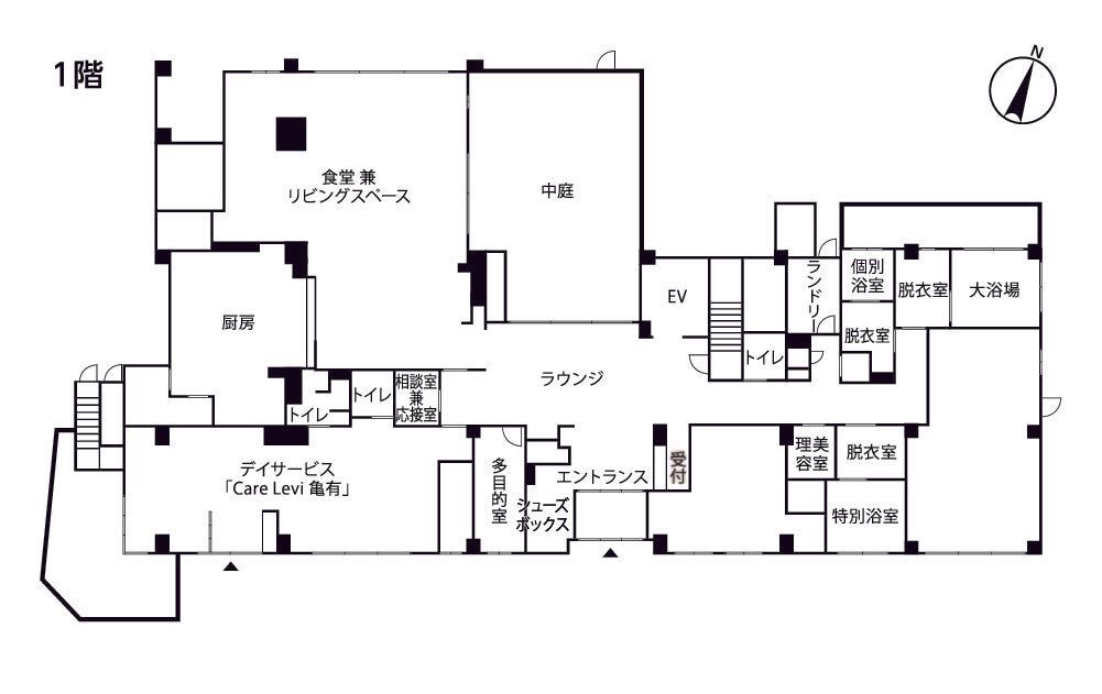 サービス付き高齢者向け住宅 ドーミー亀有Leviの1階のフロアマップ