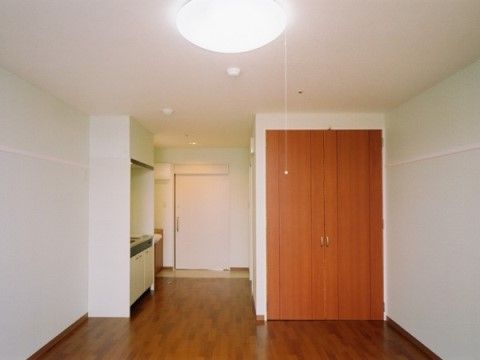 大きな間口には白いスライド式の扉が付いている。入り口から入って右側にはキッチンが付いている。両開きの扉のついた収納スペースもある。