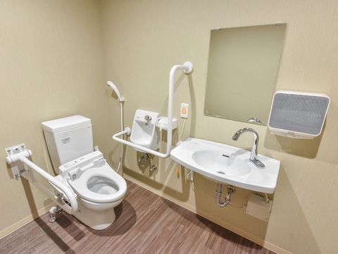 施設内に設置されたトイレ。便器から水回りなど各種設備が一角に集中してまとまるようにレイアウトされている。
