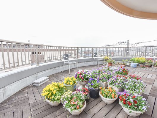 多くの花で飾られたバルコニー