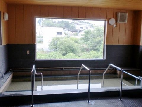 自慢の大浴場は、窓から外を眺めることができる。浴槽に入る時には、３本の手すりを活用して、安全に入浴するための配慮がある。