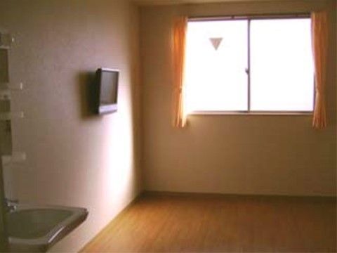部屋の奥に窓がある。壁にはテレビが固定され、洗面台もある。床は木目調のフローリングで車椅子でも安心のバリアフリー。