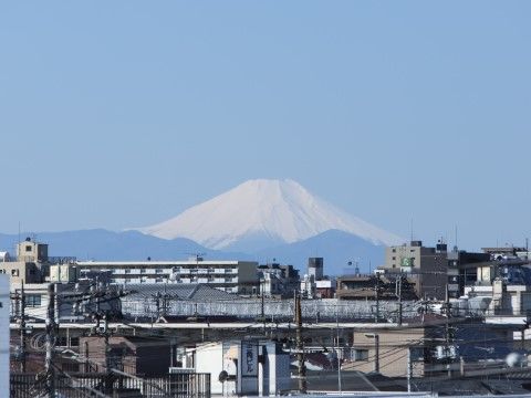 真正面に大きな山がそびえ立っているのが見える。手前には住宅地が広がっており、ビルやマンションも建っている。