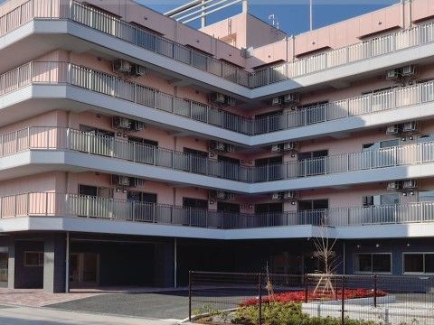 ピンクの外壁をもち、連続したベランダが各階に設けられた建物