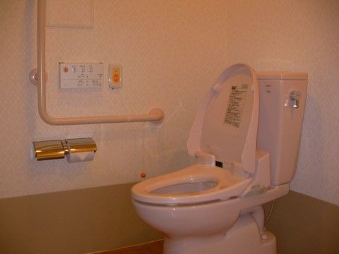 温水洗浄機能付きのトイレである。便座に腰掛けた右側の壁には、操作パネルと並んでL字状の手すりや緊急通報ボタンが設置されている。