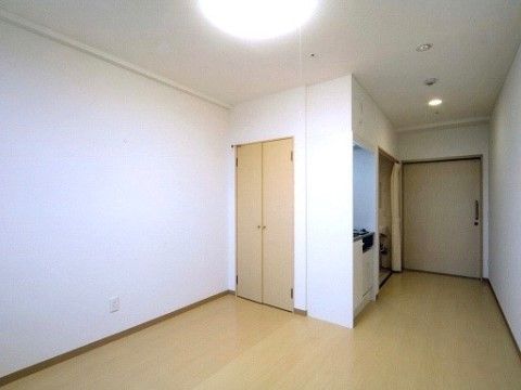 居室はドアをライトブラウンで落ち着きがある。クローセットのドアには、小さい丸い取っ手が２つ付いている。入口は縦長の取っ手である。