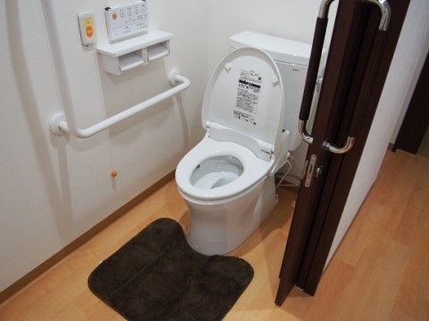 居室には、引き戸で仕切られた個室のトイレがある。壁には手すりや温水洗浄便座の操作パネル、ナースコールなどが取り付けられている。
