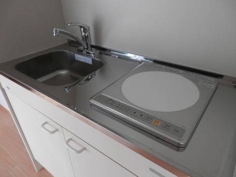 居室内にはキッチンスペースが設けられており、広いシンクと１口のIHコンロが設置されている。下には、収納スペースがある。