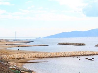 長い砂浜が続き、海に向かって石積の突堤が３本並んでいる。遠景には青空を背景にして吊橋があり、島につながっている。