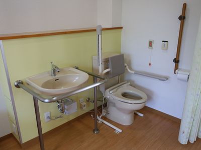 黄色の壁際に便座と洗面台が並ぶトイレスペースである。後部に棚があり、横側の壁には手すりとナースコールなどを備えている。